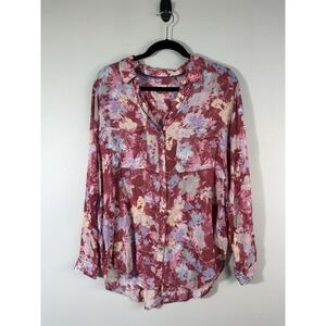 Anthropologie Pilcro Romy Relaxed Button Down Blouse Pink Floral Womens Medium